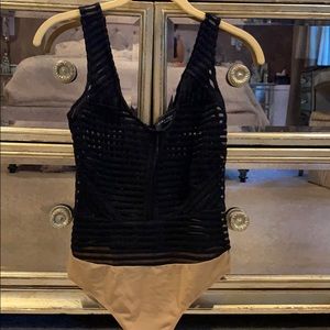 Akira Black Label Stripe Low Plunge Bodysuit